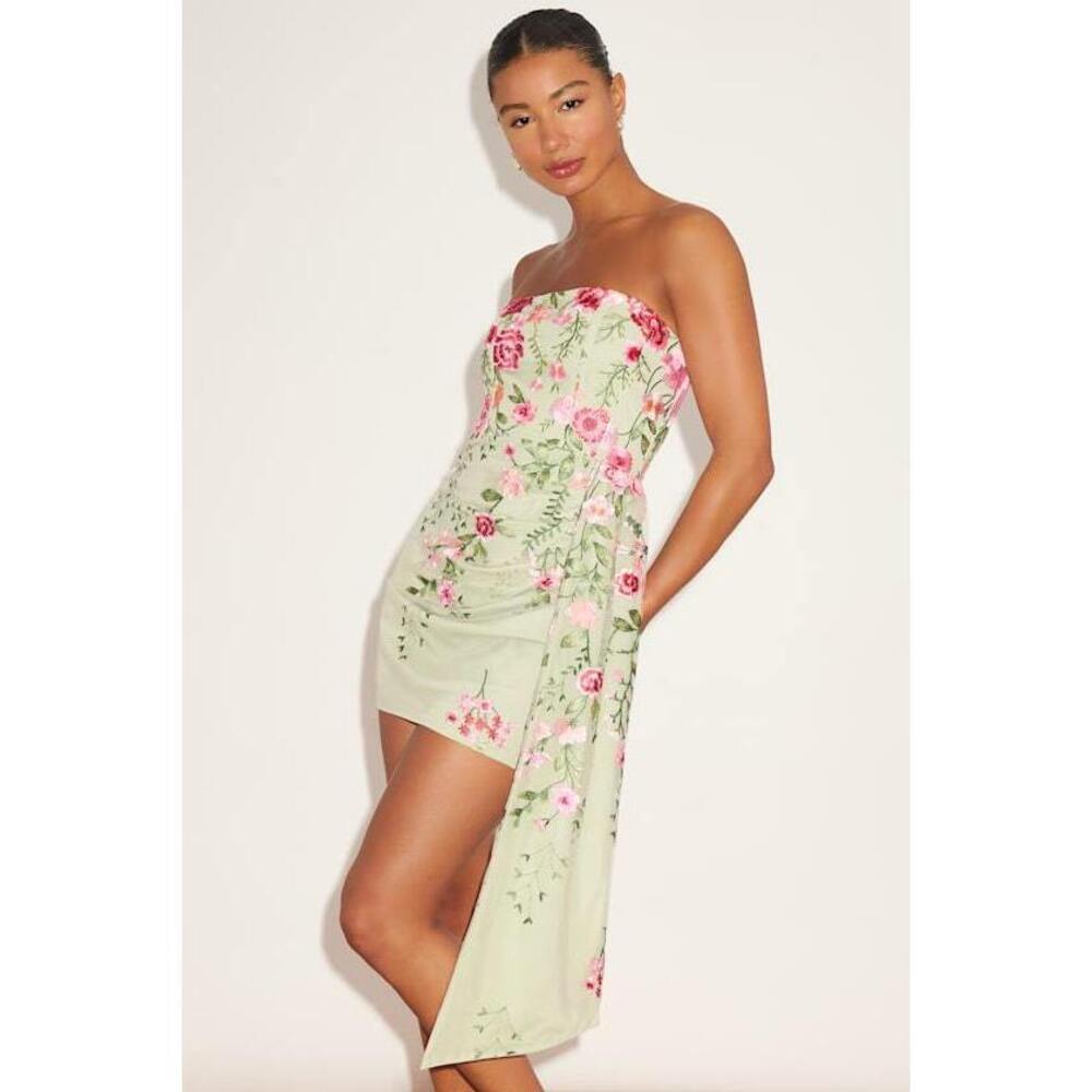 Lulu's Sage Green Strapless Floral Mini Dress with Pink Roses